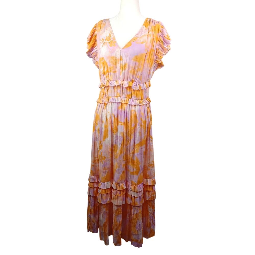 Pants Store Women Floral Ruffle Tiered Maxi Dress Medium Orange Boho Coquette